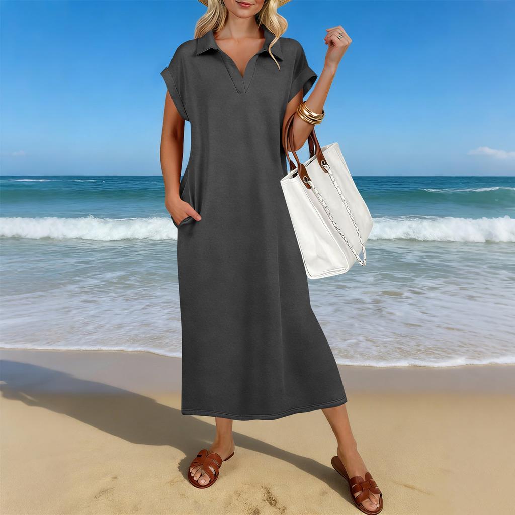 Letnia Casualowa Sukienka Midi Damska z Krótkim Rękawem i Dekoltem V, Luźny Krój, Rozcięcie na Dole, Sukienka T-Shirtowa Maxi na Plażę i do Kurortu