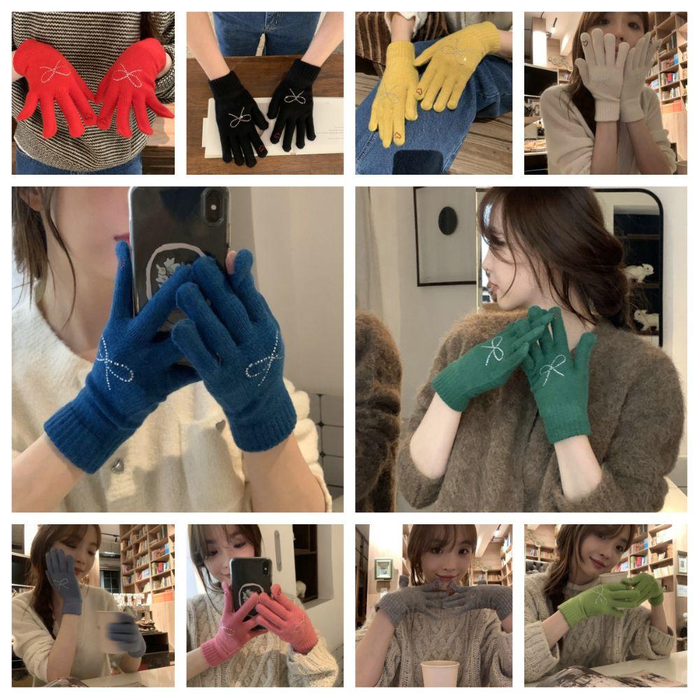 Warm Bow Rhinestone Gloves Thicken Winter Gloves Fashion Knitted Gloves  Girls