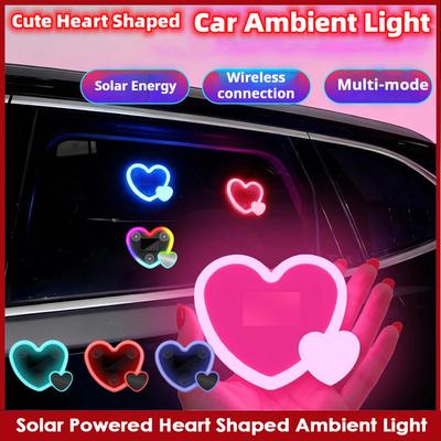 Luz Neon para Carro Alimentada por Energia Solar LED Fofo em Forma de Coração Sem Fio Luz Ambiente Lâmpada de Respiração de Atmosfera Recarregável por USB com Ventosa