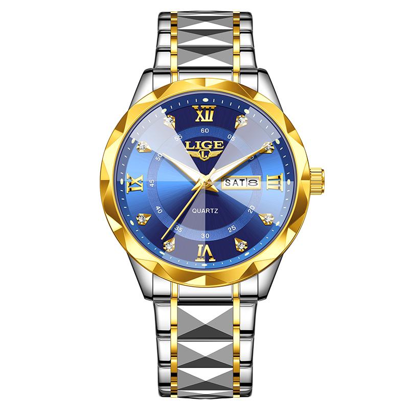 LIGE Top Brand Luxury Men's Watches Waterproof Diamond Luminous Calendar Week Watch For Man Casual Stainless Steel Quartz Watch