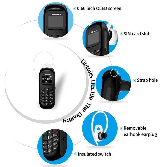 L8star Mini-Handy BM70 GSM Bluetooth Wählgerät Headset Ohrhörer Unterstützt SIM-Karte 0,66 Zoll (Schwarz)