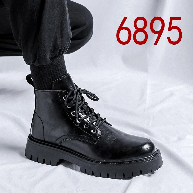 Martin Boots Herr Ny Casual Brittisk Trend Mångsidiga Tjocka Sulan Mellanhöga Svarta Lokomotivstövlar 6895-R