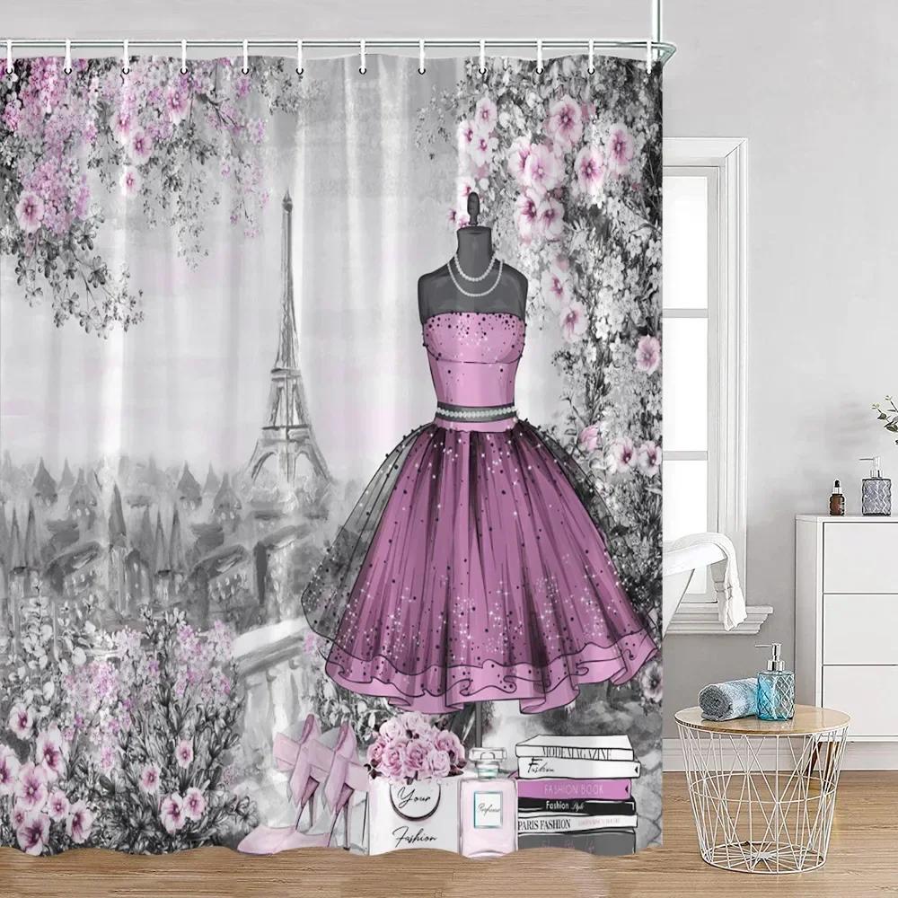 Pink Fashion Romantic Shower Curtain Paris Landscape Dress Pink Bathroom Decoration Modern Bathroom Curtain with Hook