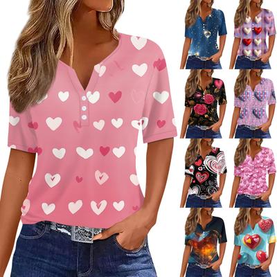 T-shirt pour femme T-shirt Imprimé Saint-Valentin Bouton Manches Courtes Tunique Mode Quotidienne Week-end Basique Col en V Coupe Régulière