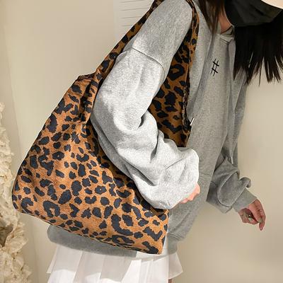 Women'S Corduroy Shoulder Bags Retro Leopard Pattern Handbag Thick Chain Tote Bag Female Large Capacity Bucket Bags