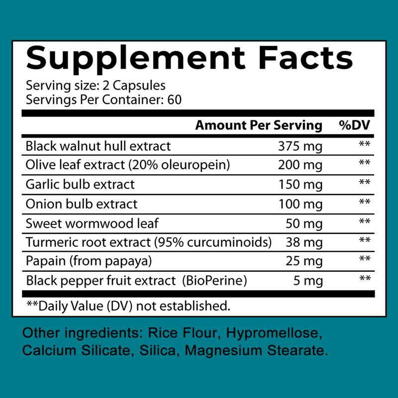 Black Walnut Hull Extract Dietary Supplement, With Olive Leaf Extract, 120 Capsules