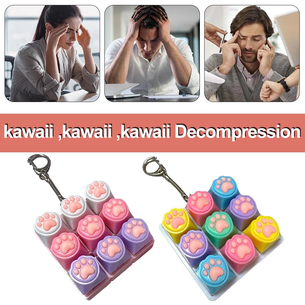 9 Keys Keyboard Key Plaything Cat Paws Finger Button Stress Ease Toys Mechanical Keyboard Keycaps Keychain Workspace Relaxation Calm
