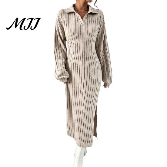 Knit Sweater Dress Women for Fall Winter, Ribbed Long Sleeve with Soft Midi Dresses Side Split, Solid Color Casual Collared V Neck