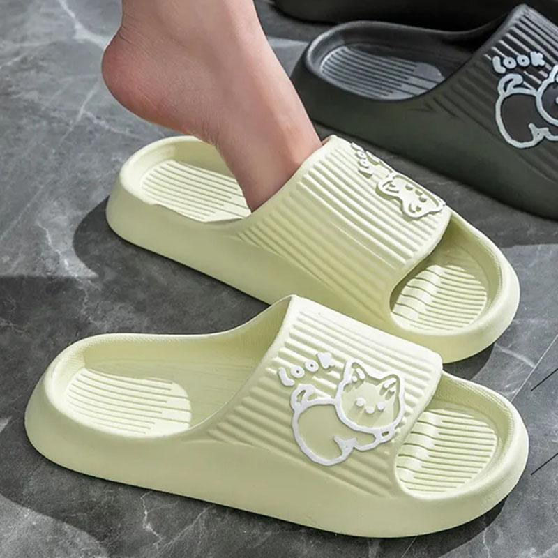 WTEMPO Lovely Couple Slippers Summer Thick Sole Makaron Color Cartoon Animal Stripe Flat Heel Soft Sole Indoor and Outdoor Bathroom Anti-slip Slippers