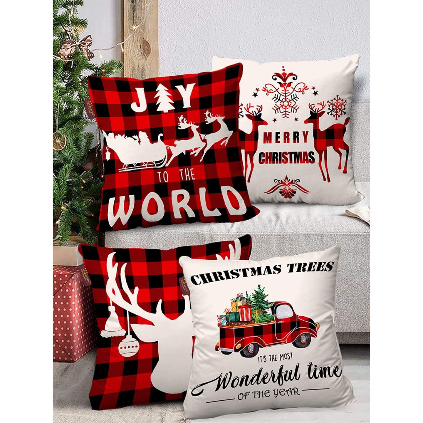 

Set of 4 Merry Christmas Decorative Throw Pillow/Cushion Covers - (16 X 16 INCH, Red & Off-White)