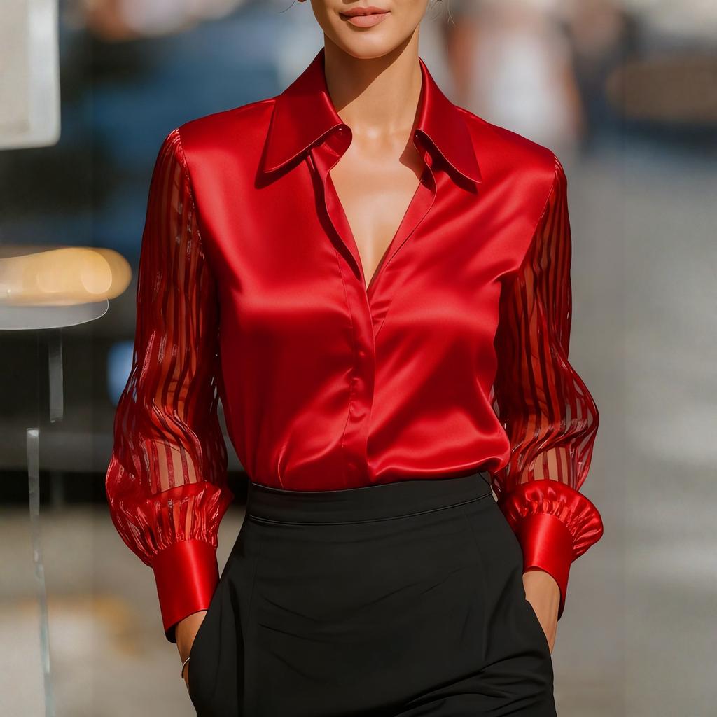 Damen Einfarbig Vielseitig Locker Satin Langarm Bluse Top