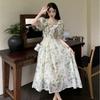 Abito midi da donna a trapezio con scollo quadrato, maniche a sbuffo e stampa floreale, casual, vita alta, estivo