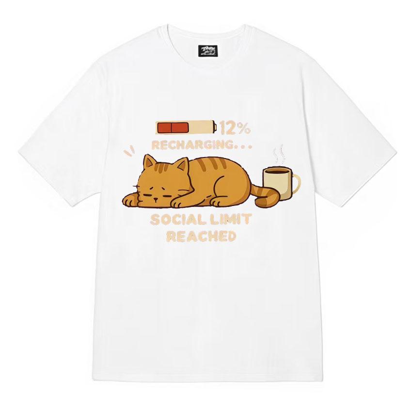 Recharging Social Limit Reached Funny Cat Meme T Shrits Fashion Graphics Mens Women T Shirt High Quality Short Sleeve Streetwear
