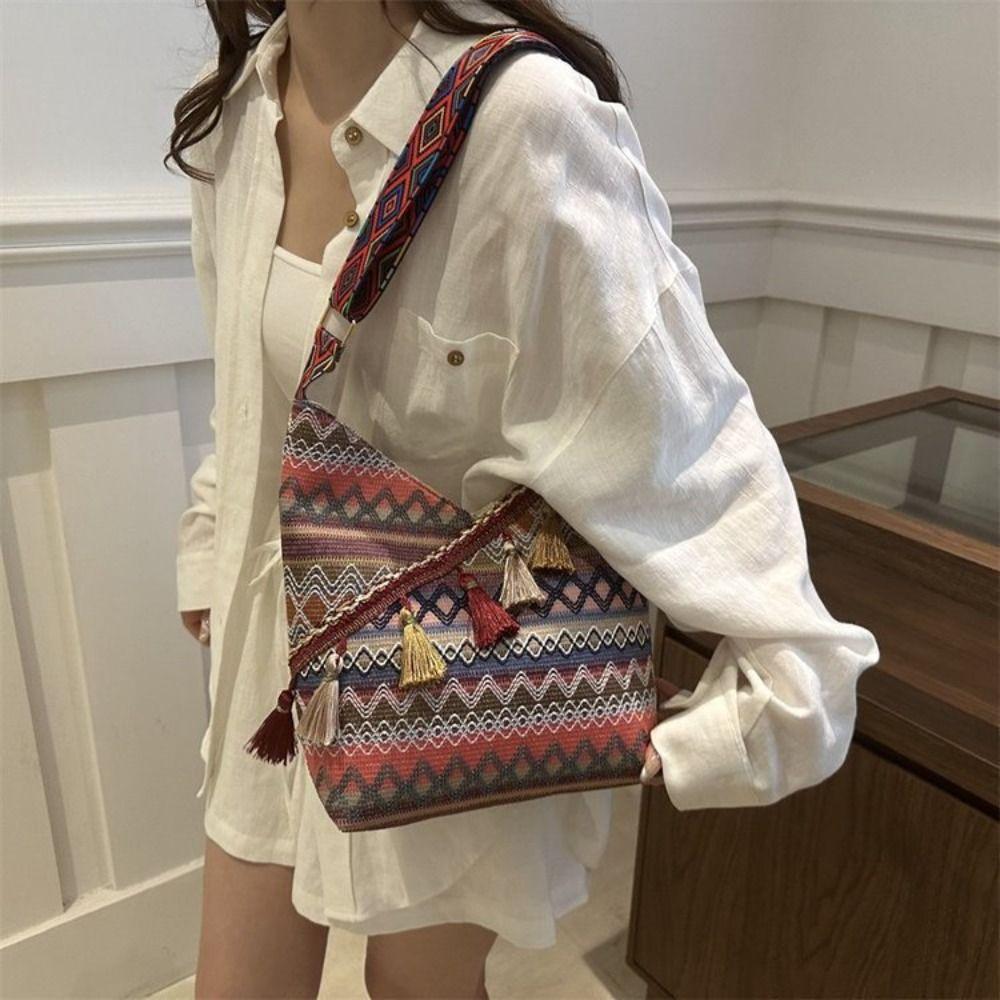 Large Capacity Bohemian Tote Bag Vintage Fringe Shoulder Bag Ethnic Style Crossbody Bags  Outdoor