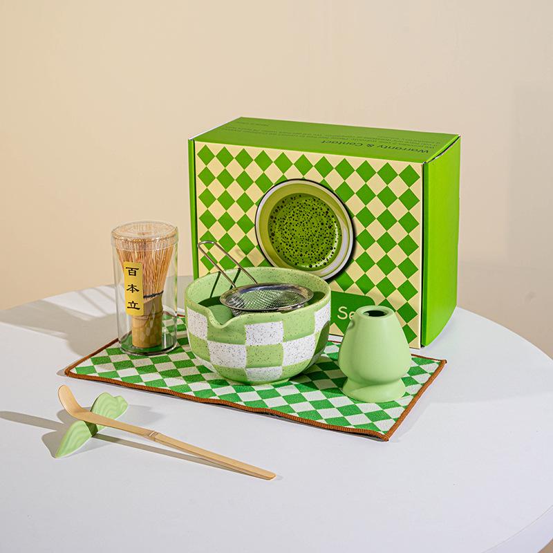 7pcs Ceramic Matcha Tea Set 8-piece Japanese-style lattice Matcha bowl with tea whisk Matcha utensil set