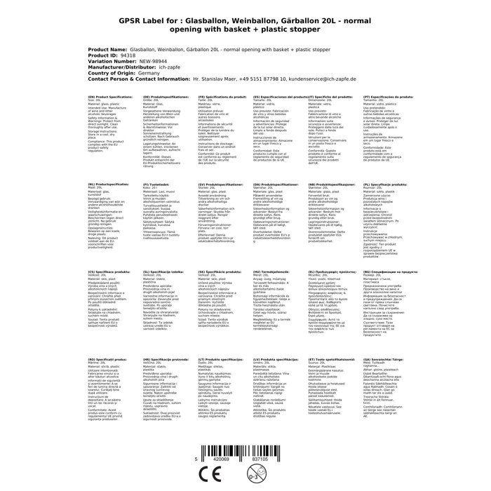 Dame-jeanne, Bonbonne en verre avec panier 20L - goulot normal + bouchon en plastique