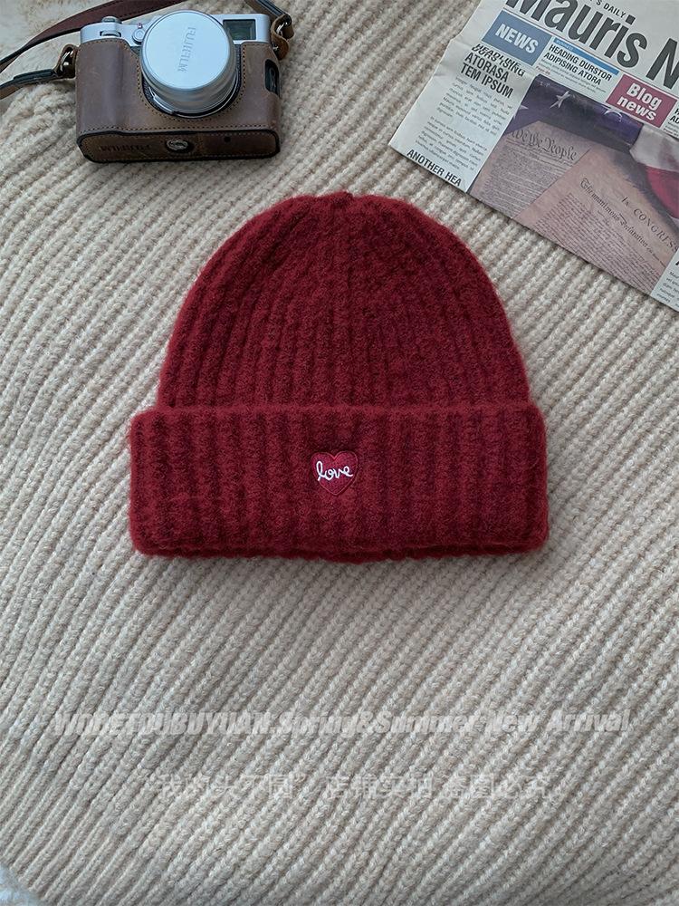 [My head is not round] Ankola red white warm knitted hat autumn and winter ear protection small wool hat