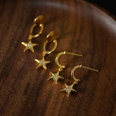 18K Gold Plated Metal Star Charms Earrings