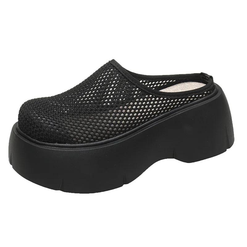 

Модные черные нескользящие женские сетчатые дышащие тапочки Baotou с полуноском, повседневные универсальные пляжные туфли, женские сандалии 2024 35 чёрный