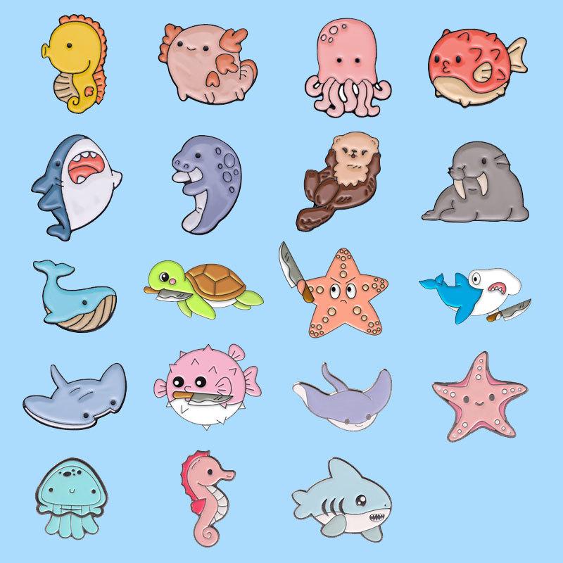 Cartoon Underwater Creatures Metal Pin Set: Whale, Starfish, Turtle