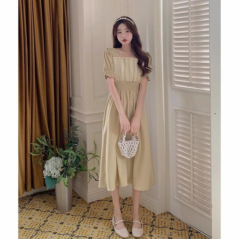 Square collar summer dress sweet first love coffee break French dress Platycodon retro design sensual dress women's clothing