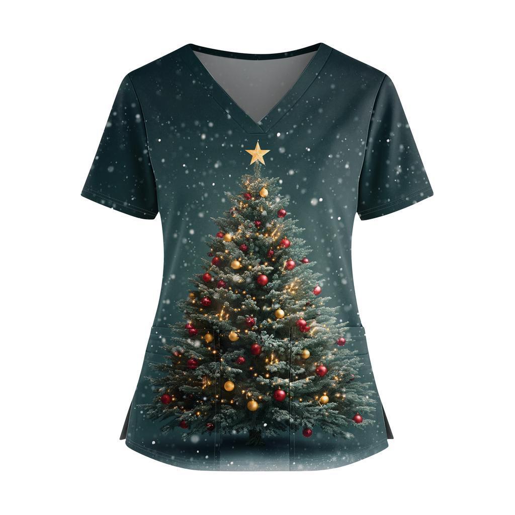 Women's Christmas Printed V-Neck Double Pocket Short Sleeves Hem Slit  Uniform Caregiver Top