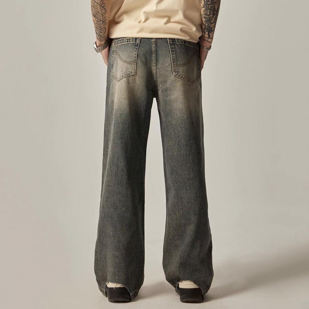 Men Jeans Gradient Contrast Color Wide Leg Loose High Street Retro Hip Hop Straight Full Length Pockets Button Zipper Closure Me