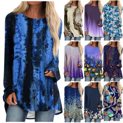 Damen Casual Fashion Blumendruck Langarm O-Ausschnitt Pullover Top Bluse