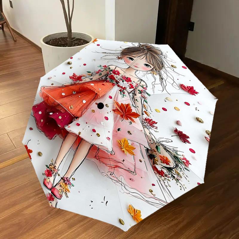 1pc Autumn Leaves Automatic Open/Close Umbrella Compact Folding Umbrella with 8-Rib Shaft for Women/Men, Elegant Birthday1226S