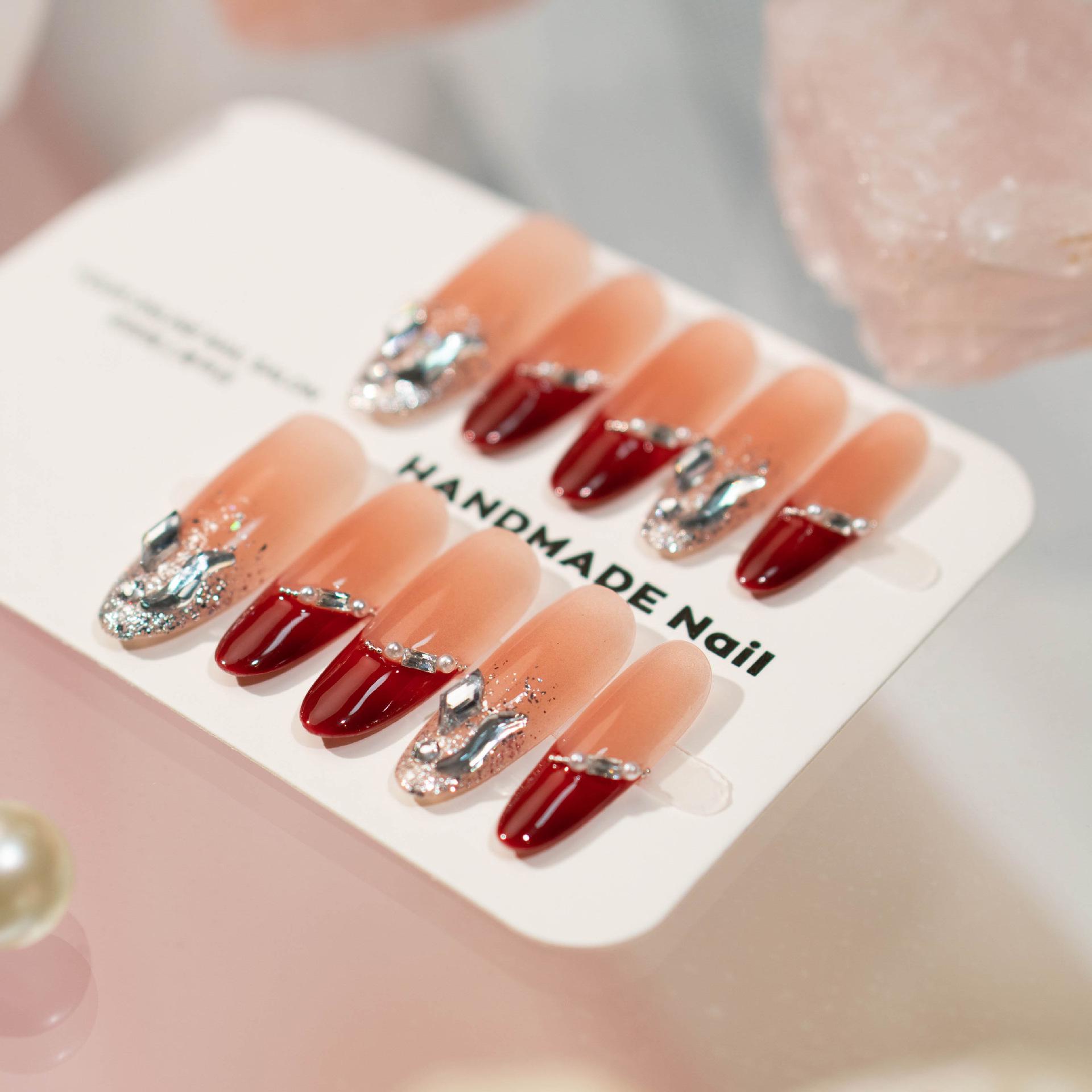 Rhinestone Gradient Nude-Red Press-On Nails: Medium-Length, Handmade, Reusable Manicure