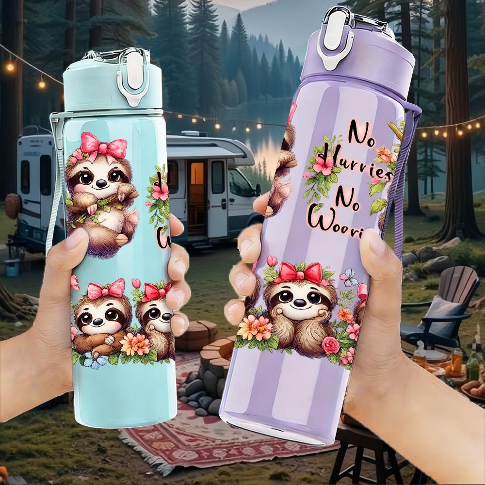 1PC Three Sloth Family Cute Cartoon Print 750ml Color Plastic Sports Water Bottle Leakproof Flip Straw Lid Suitable for Sports Office Home Use