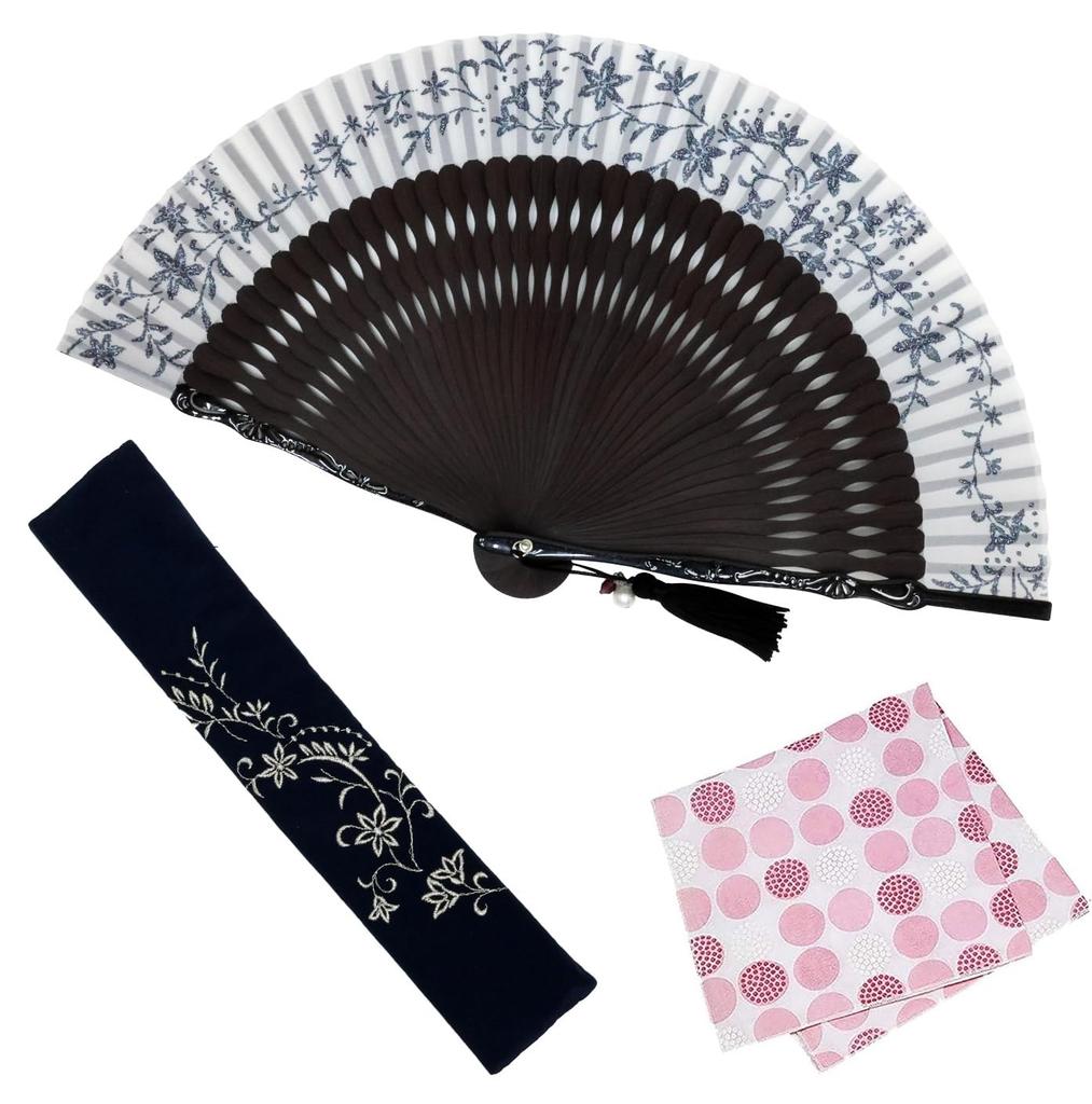 Folding Stylish Business Fan Folding Fan Case with Handkerchief Romanesque [Osaka Choseido] Women's Fan, Bag, Set, (White)
