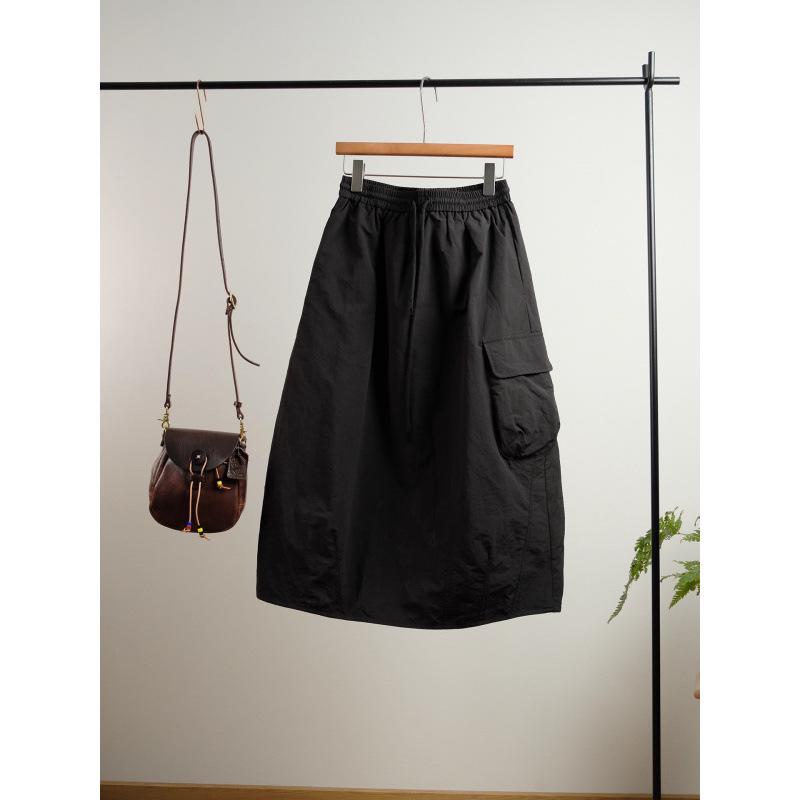 Artistic Japanese Quilted Winter Skirt - Casual Elastic Waist, Solid Color, Drawstring Half Skirt