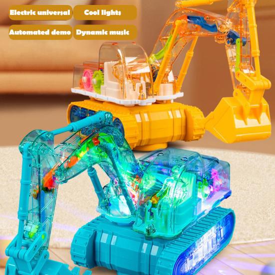 Clear Mechanical Gear Excavator Toy with Colorful LED Lights Music Movable Digging