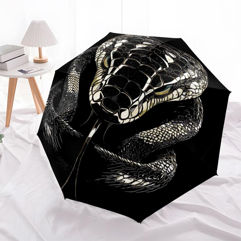 Black and White Snake Head Print Automatic Opening Folding Umbrella with 8-Bone Iron Frame - Perfect for Fans, Travelers, Daily Use, and Fes