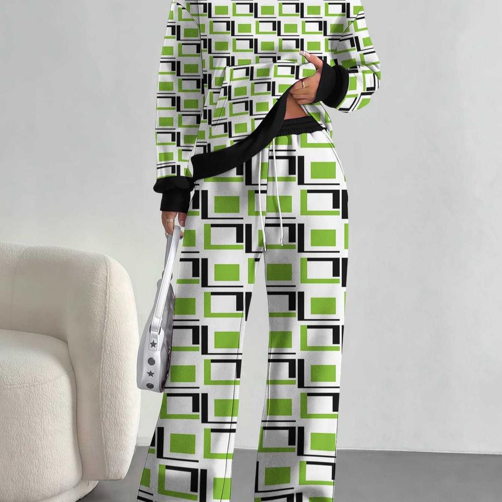 Striped European and American Autumn Casual Geometric Figure Long-sleeved Suit Women's Hooded Sweater Trousers Two-piece Set