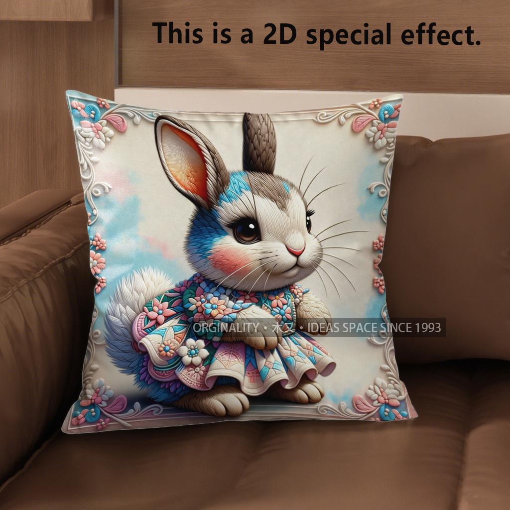 2D Cute Bunny Dressed In Flowers Pillow Covers Pattern Cushion Cover Suitable For Sofa Bedroom Car Pillow Cover