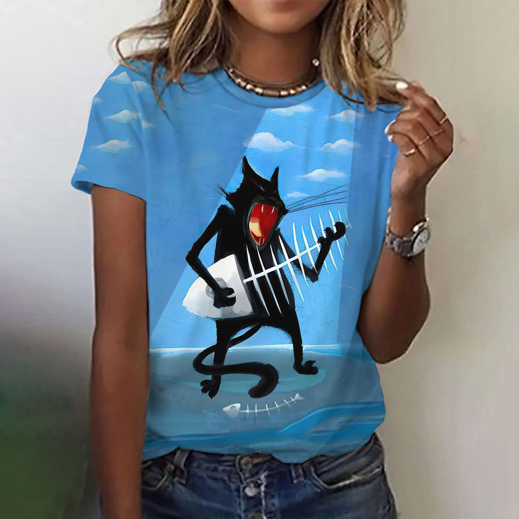 

Жіноча модна футболка Літній одяг з круглим вирізом Смішний повсякденний топ з короткими рукавами з котячим принтом Модна вільна футболка Жіночий одяг 7XL