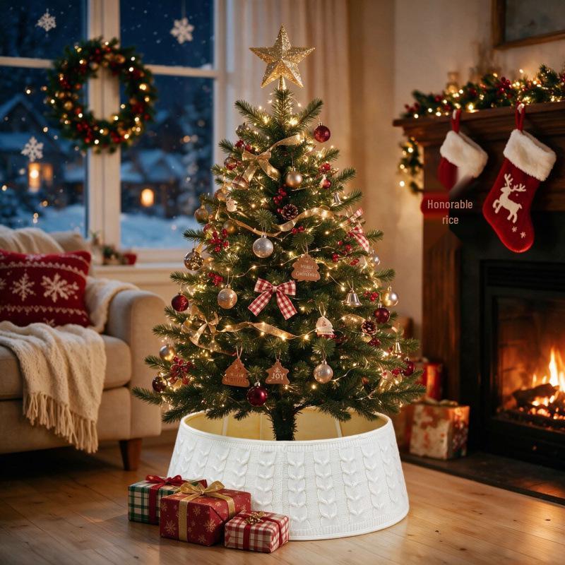 White Knitted Christmas Tree Skirt with Twist Rope Pattern Ornaments
