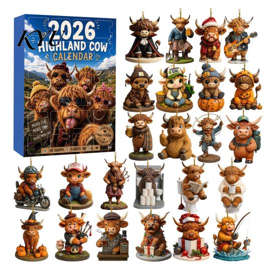 Christmas Tree Wall Bag Decorations 2026 Highland Cow Advent Calendar, 2D Flat Acrylic Unique Ornament Series Ornaments, 24 Days Countdown Gift