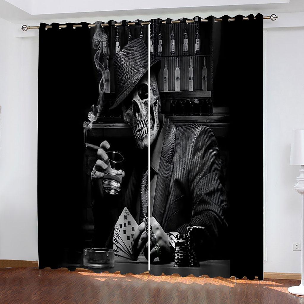Skull Terror Skeleton Horror Crows Black Boy Window Curtains Drapes for Kids Bedroom Living Room Kitchen Door Home Decor 2Pieces