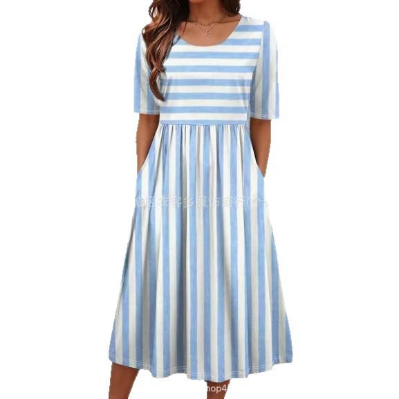 2026 European and American women s clothing explosive summer new casual fashion striped short-sleeved dress S