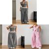 Casual Striped Sleeveless Pants Suit With Cotton Linen Fabric For Office Women