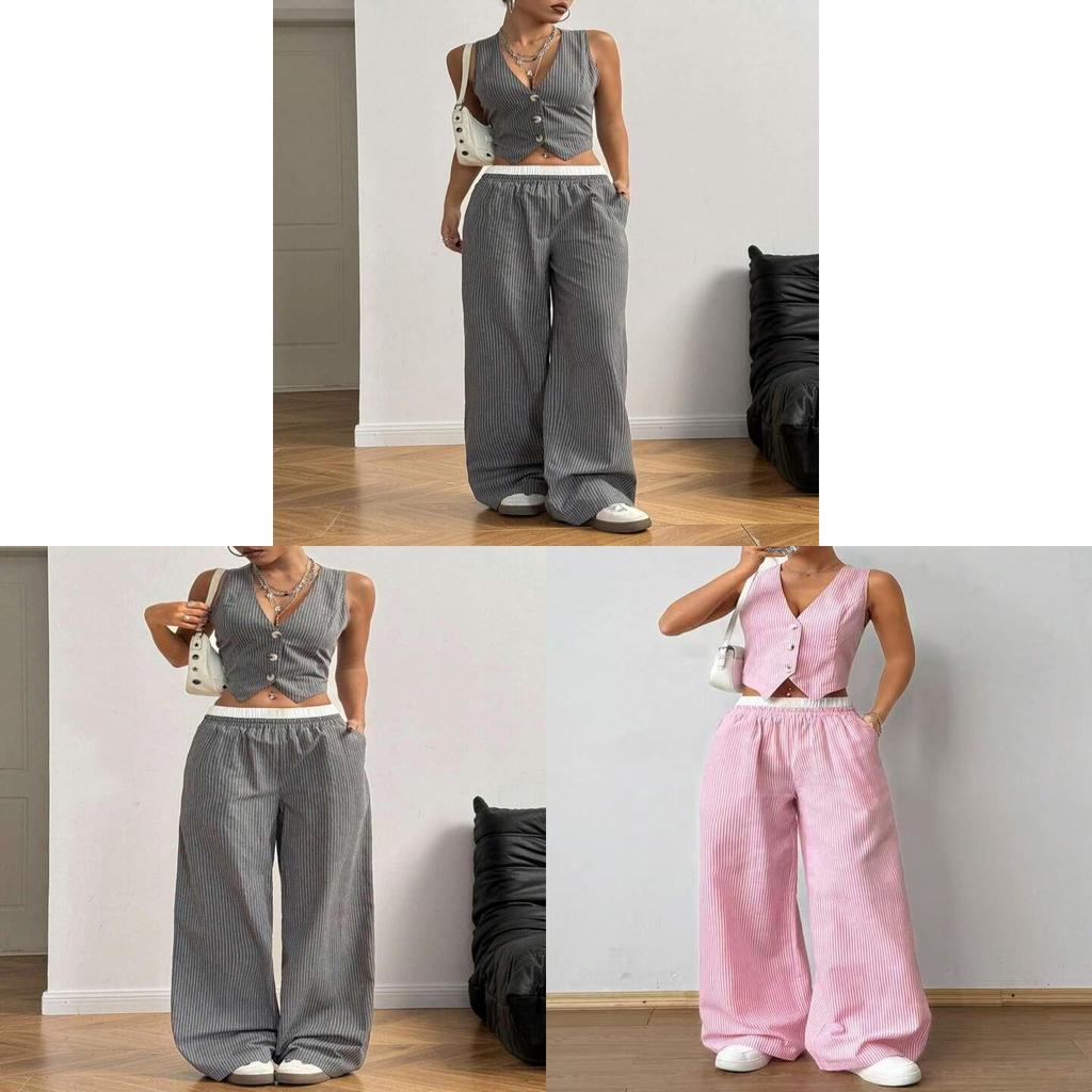 Casual Striped Sleeveless Pants Suit With Cotton Linen Fabric For Office Women