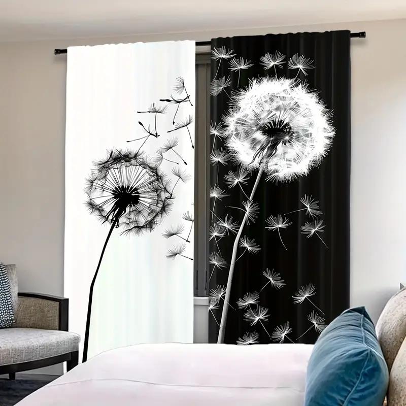 2PCS 2D Flat Curtains, Polyester Material, Dandelion Print Art Design, Pole Bag Design, Bedroom, Home Decoration