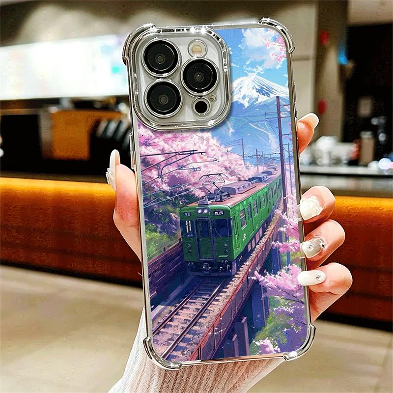 Retro Japanese Sakura Train Soft Phone Case For iPhone 15 16 17 Air 14 Pro Max 16E Plus 13 12 Mini Plating Anti-Fall Fundas