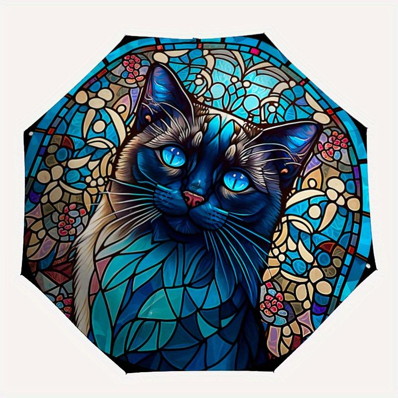 

1pc Blue Cat Art Automatic Open/Close Umbrella, Umbrella with cartoon Design, Portable Compact Umbrella for Men & Women, Good Holiday Gift y