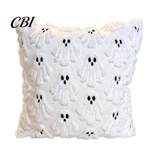 Versatile Square Throw Pillow Covers Halloween Ghost Cushion Cover, Fuzzy 18x18 Inch Washable Plush Case for Sofa Couch Home Holiday Decor Removable
