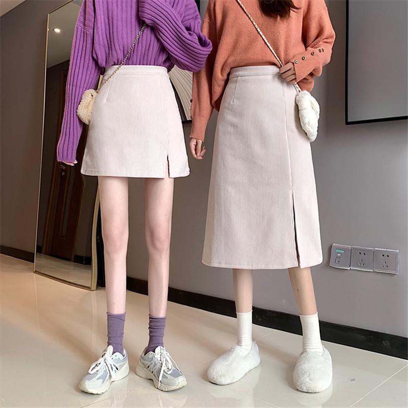 High-Waisted Corduroy A-Line Midi Skirt: Autumn/Winter 2021 Slimming, Solid Color, Hip-Hugging
