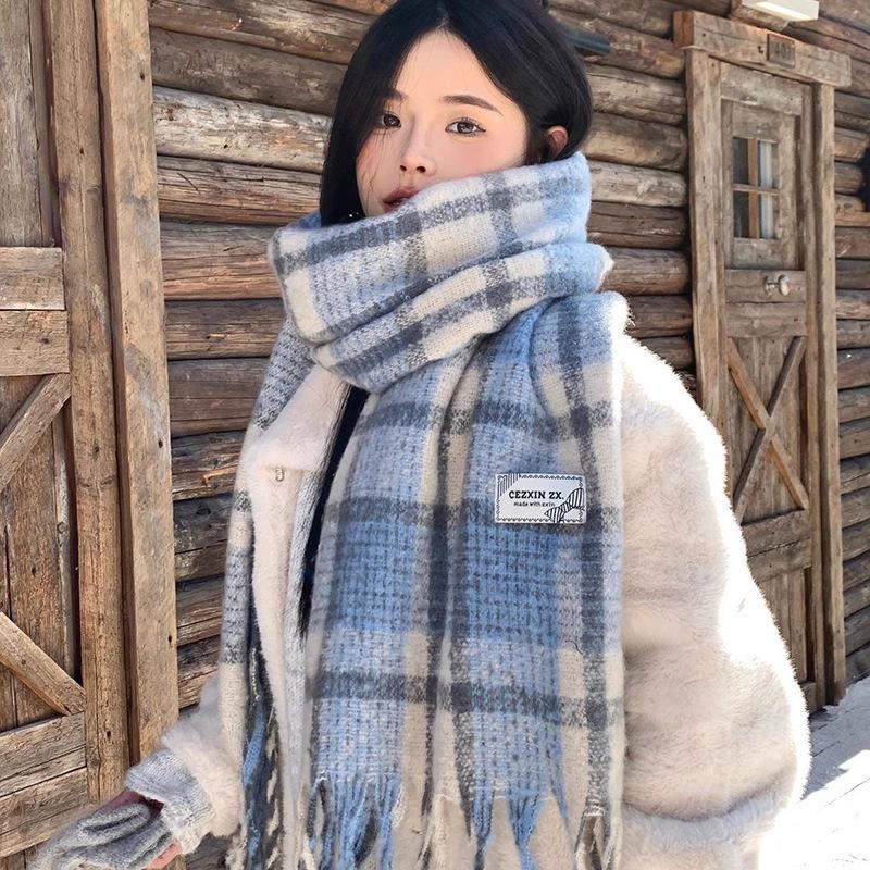 Korean Style Plaid Mohair Scarf - Women's Winter Imitation Cashmere Shawl